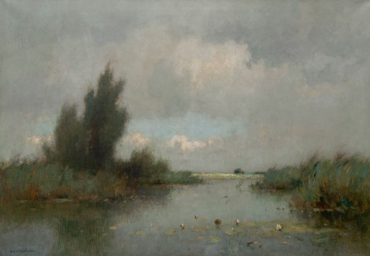 Knikker A.  | Aris Knikker | Schilderijen te koop aangeboden | Weids plassenlandschap met waterlelies, olieverf op doek 70,3 x 100,4 cm, gesigneerd linksonder