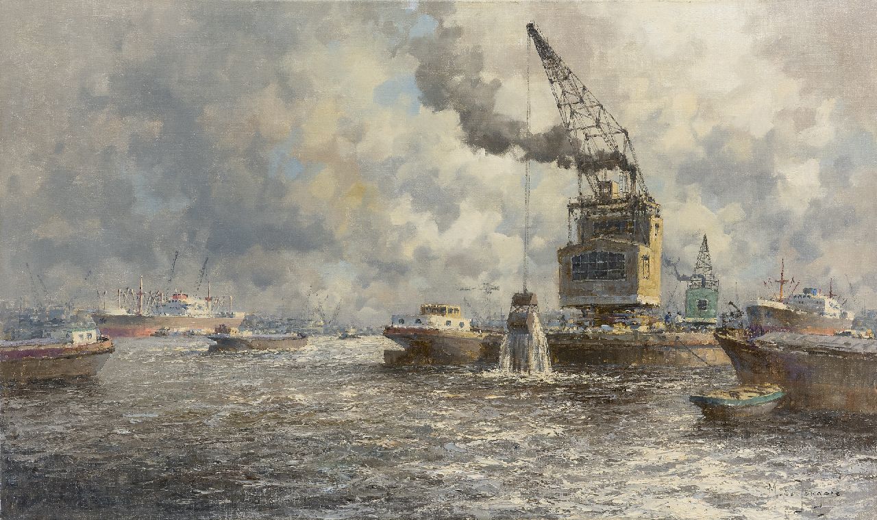 Drulman M.J. | Marinus Johannes Drulman, Scheepvaart en baggerschip op de Nieuwe Maas bij Rotterdam, olieverf op doek 60,3 x 100,8 cm, gesigneerd rechtsonder met pseudoniem 'M. de Jongere' Drulman M.J. | Marinus Johannes Drulman, Scheepvaart en baggerschip op de Nieuwe Maas bij Rotterdam, olieverf op doek 60,3 x 100,8 cm, gesigneerd rechtsonder met pseudoniem 'M. de Jongere'