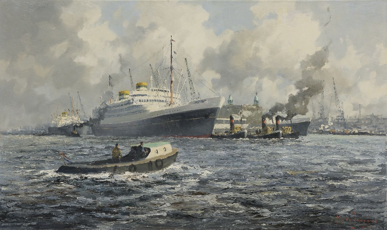 Drulman M.J. | Marinus Johannes Drulman, Schepen van de Holland Amerika Lijn (HAL) aan de Rotterdamse kade, olieverf op doek 60,1 x 100,1 cm, gesigneerd rechtsonder met pseudoniem 'M. de Jongere' Drulman M.J. | Marinus Johannes Drulman, Schepen van de Holland Amerika Lijn (HAL) aan de Rotterdamse kade, olieverf op doek 60,1 x 100,1 cm, gesigneerd rechtsonder met pseudoniem 'M. de Jongere'