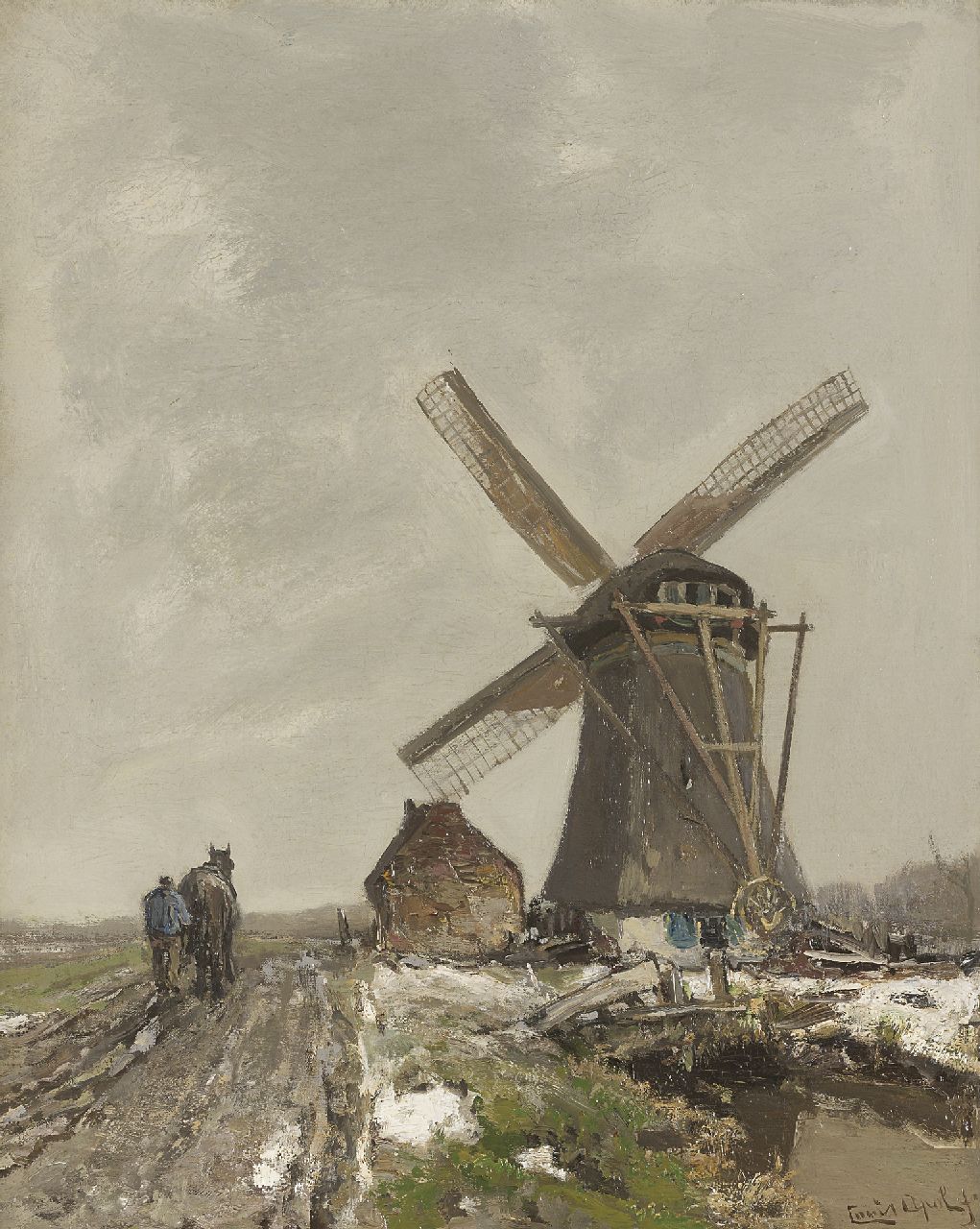 Apol L.F.H. | Lodewijk Franciscus Hendrik 'Louis' Apol, Einde van de winter: boer bij de Laakmolen te Den Haag, olieverf op doek 52,3 x 42,0 cm, gesigneerd rechtsonder Apol L.F.H. | Lodewijk Franciscus Hendrik 'Louis' Apol, Einde van de winter: boer bij de Laakmolen te Den Haag, olieverf op doek 52,3 x 42,0 cm, gesigneerd rechtsonder