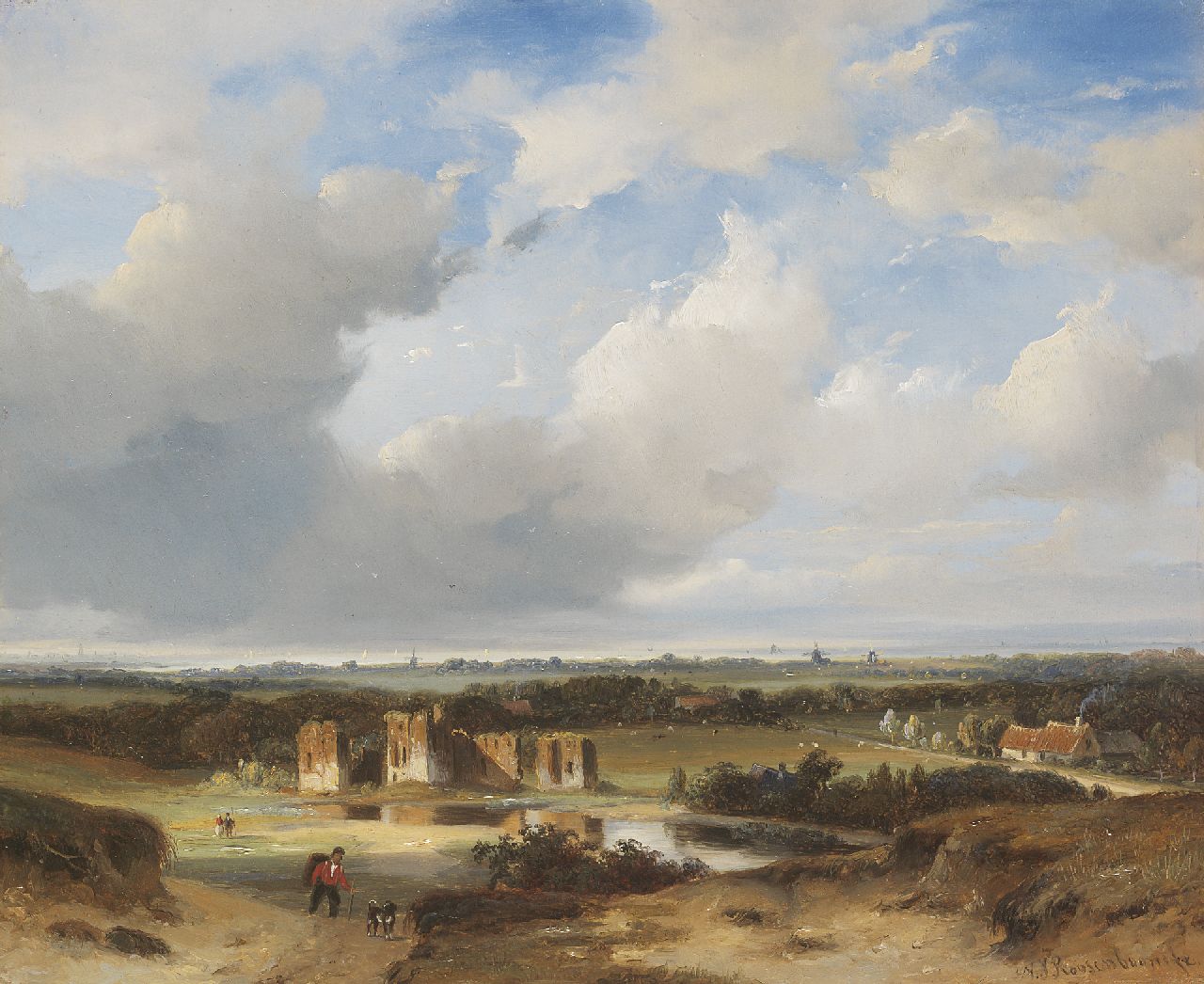 Roosenboom N.J.  | Nicolaas Johannes Roosenboom, Gezicht op de ruïne van Brederode en het Wijkermeer, olieverf op paneel 26,9 x 32,8 cm, gesigneerd rechtsonder