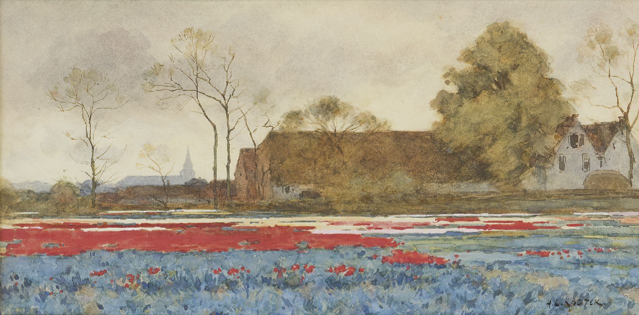 Koster A.L. | Anton Louis 'Anton' Koster, Bollenvelden, aquarel op papier 22,2 x 44,5 cm, gesigneerd rechtsonder Koster A.L. | Anton Louis 'Anton' Koster, Bollenvelden, aquarel op papier 22,2 x 44,5 cm, gesigneerd rechtsonder