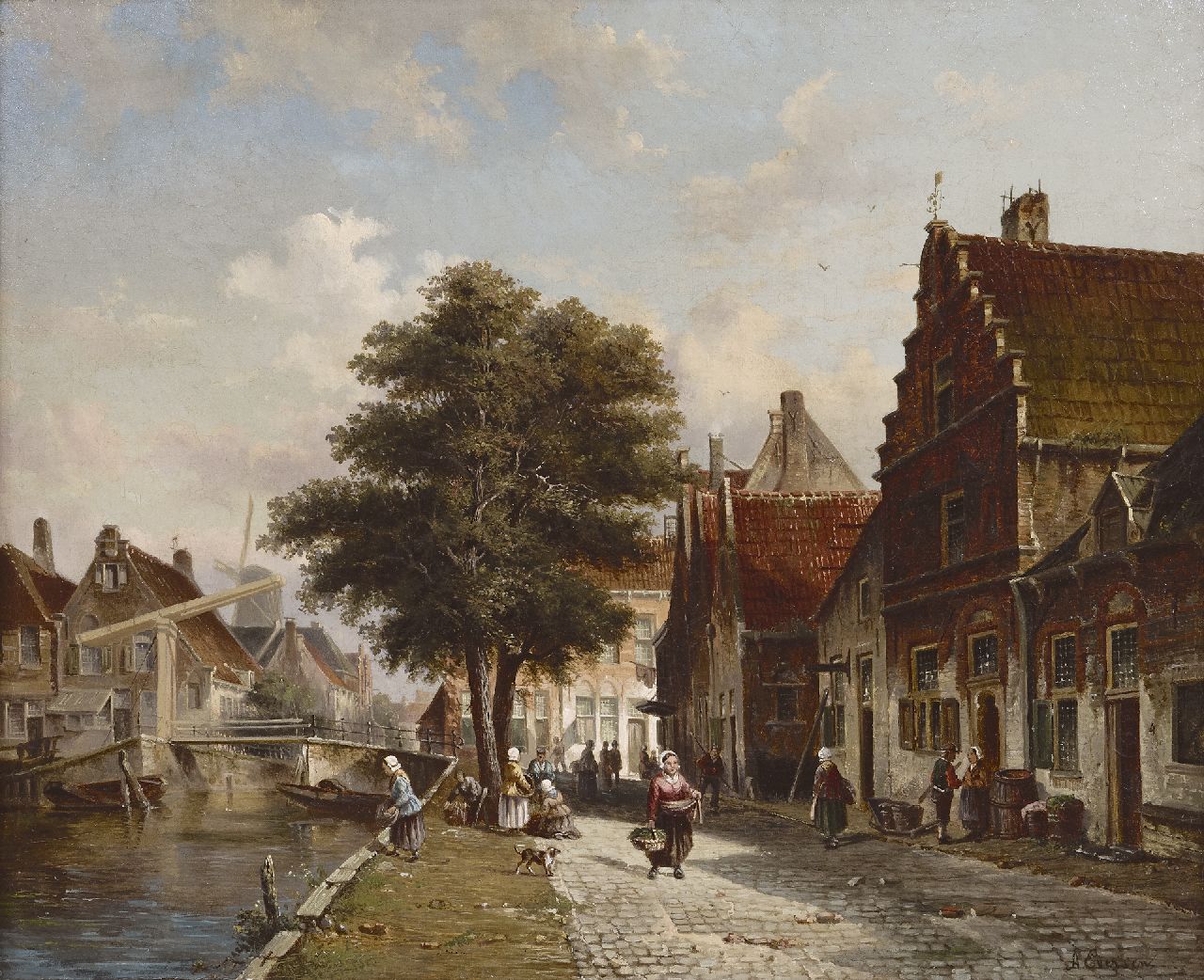 Eversen A. | Adrianus Eversen, Gezicht op de Burgwal te Haarlem, olieverf op doek 47,4 x 57,5 cm, gesigneerd rechtsonder Eversen A. | Adrianus Eversen, Gezicht op de Burgwal te Haarlem, olieverf op doek 47,4 x 57,5 cm, gesigneerd rechtsonder