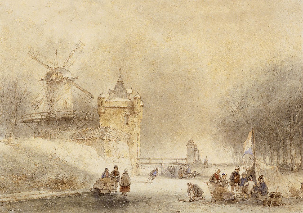 Schelfhout A.  | Andreas Schelfhout, IJsvertier bij een stadspoort, pen, inkt en aquarel op papier 21,9 x 29,0 cm, gesigneerd linksonder
