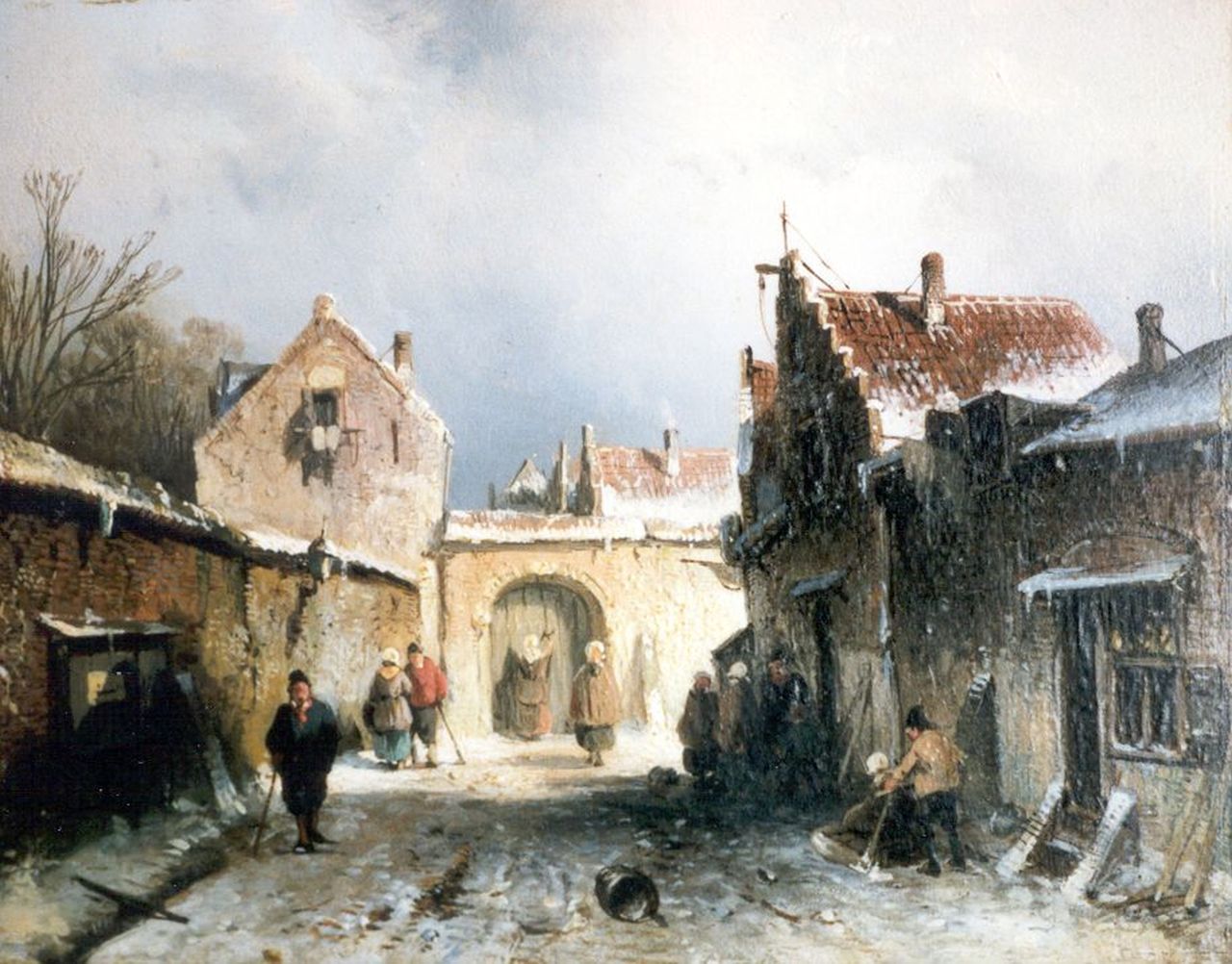 Leickert C.H.J. | 'Charles' Henri Joseph Leickert, Dorpsstraatje in de winter, olieverf op paneel 15,0 x 19,0 cm, gesigneerd linksonder Leickert C.H.J. | 'Charles' Henri Joseph Leickert, Dorpsstraatje in de winter, olieverf op paneel 15,0 x 19,0 cm, gesigneerd linksonder
