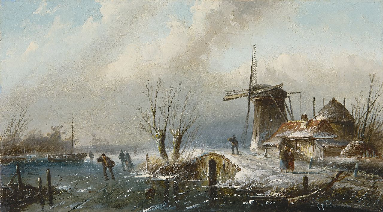 Spohler J.J.C. | Jacob Jan Coenraad Spohler, Winterlandschap met schaatsers (pendant van 18684), olieverf op doek 18,3 x 32,5 cm, gesigneerd rechtsonder Spohler J.J.C. | Jacob Jan Coenraad Spohler, Winterlandschap met schaatsers (pendant van 18684), olieverf op doek 18,3 x 32,5 cm, gesigneerd rechtsonder