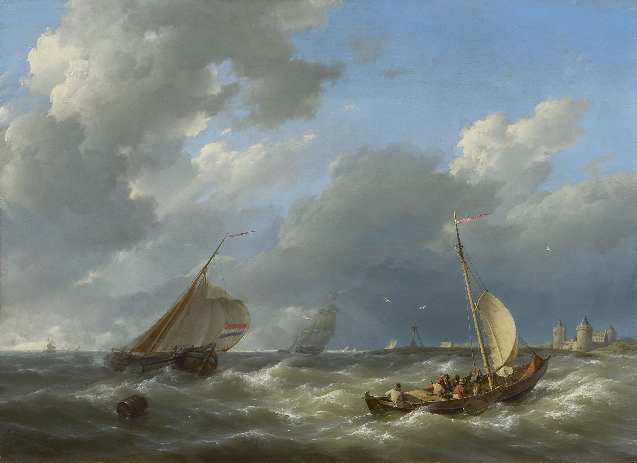 Koekkoek H. | Hermanus Koekkoek, Zeilschepen op een woelige zee bij het Muiderslot, olieverf op paneel 29,5 x 40,7 cm, gesigneerd linksonder en gedateerd 1842 Koekkoek H. | Hermanus Koekkoek, Zeilschepen op een woelige zee bij het Muiderslot, olieverf op paneel 29,5 x 40,7 cm, gesigneerd linksonder en gedateerd 1842