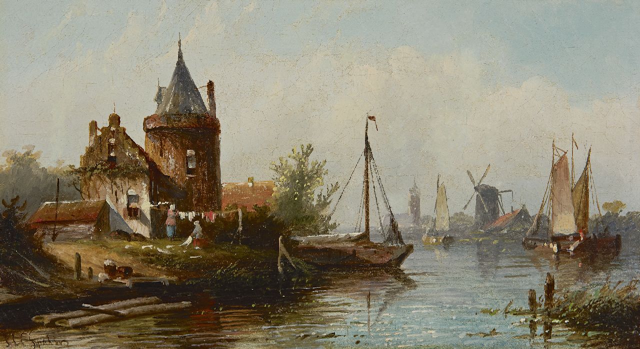 Spohler J.J.C. | Jacob Jan Coenraad Spohler, Zomerse vaart met bleekveldje (pendant van 18678), olieverf op doek 18,2 x 32,5 cm, gesigneerd linksonder Spohler J.J.C. | Jacob Jan Coenraad Spohler, Zomerse vaart met bleekveldje (pendant van 18678), olieverf op doek 18,2 x 32,5 cm, gesigneerd linksonder
