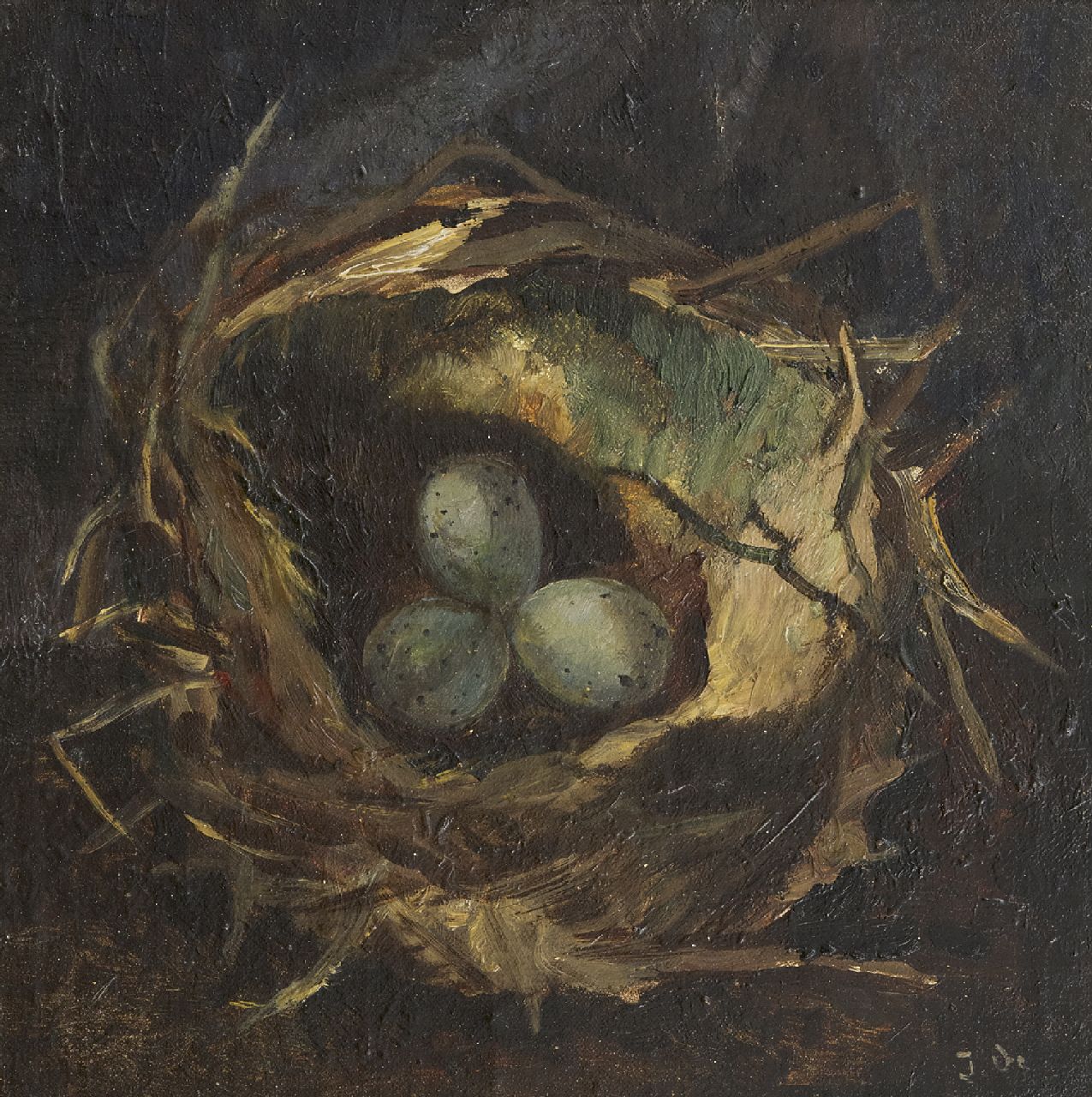 Bieruma Oosting A.J.W.  | Adriana Johanna Wilhelmina 'Jeanne' Bieruma Oosting, Het vogelnest, olieverf op papier op board 23,6 x 23,6 cm, gesigneerd rechtsonder