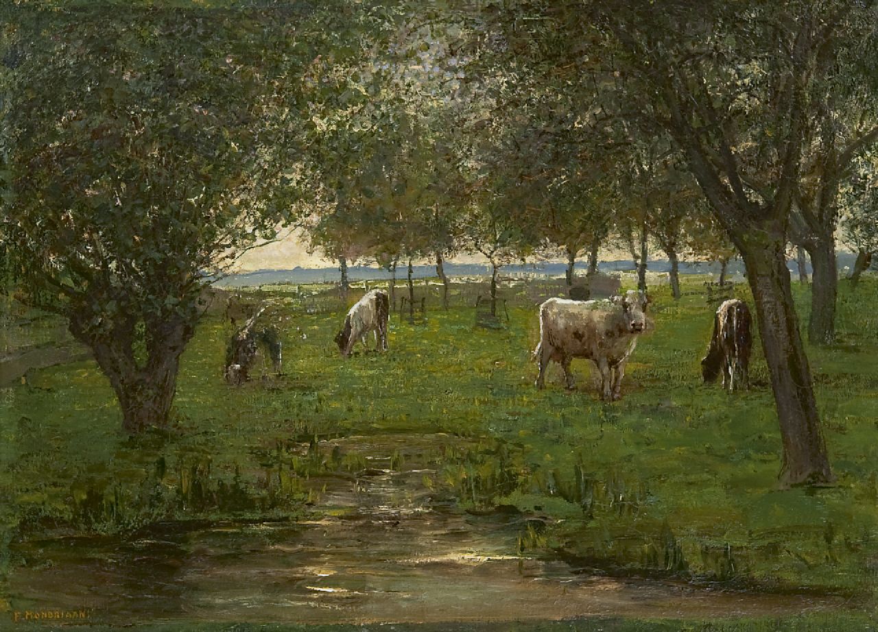 Mondriaan P.C. | Pieter Cornelis 'Piet' Mondriaan, 'Grazende kalfjes', olieverf op doek 50,2 x 69,3 cm, gesigneerd linksonder en te dateren 1902-1903 Mondriaan P.C. | Pieter Cornelis 'Piet' Mondriaan, 'Grazende kalfjes', olieverf op doek 50,2 x 69,3 cm, gesigneerd linksonder en te dateren 1902-1903