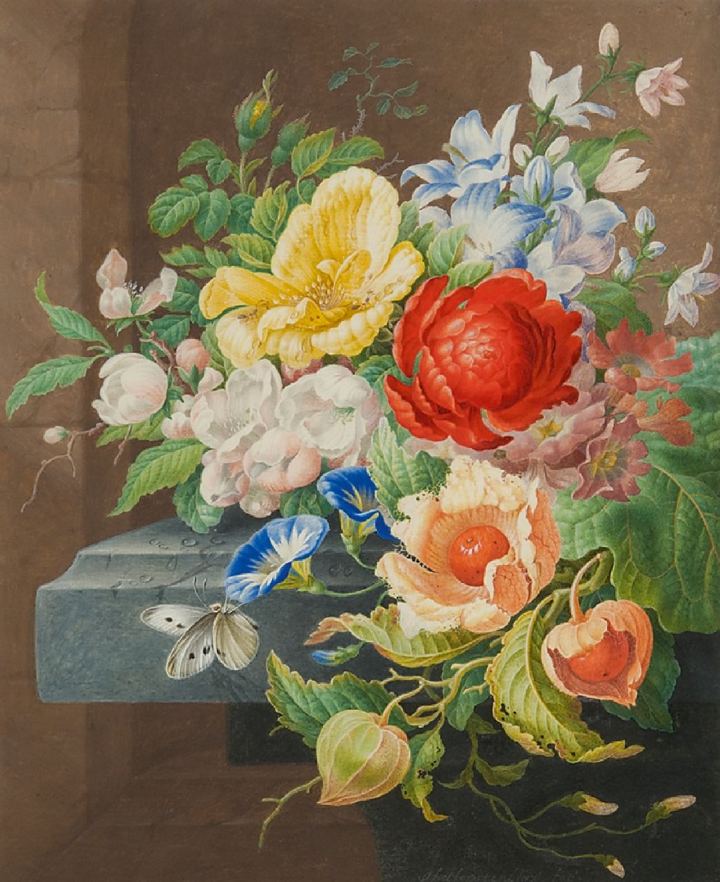 Henstenburgh H.  | Herman Henstenburgh | Aquarellen en tekeningen te koop aangeboden | Stilleven met bloemen en vlinder, aquarel op papier 31,0 x 25,5 cm, gesigneerd middenonder en te dateren ca. 1700