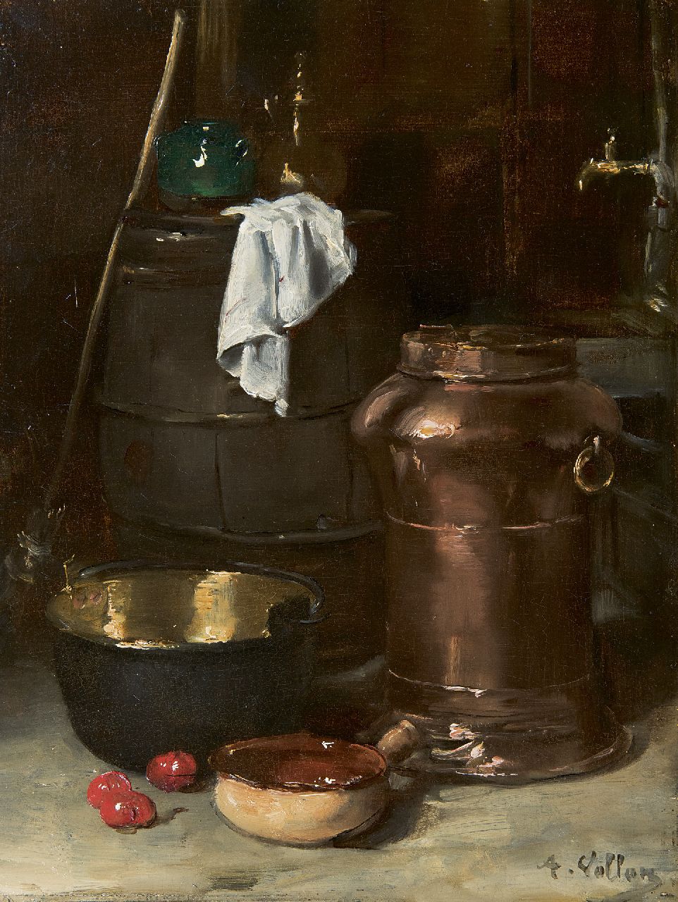 Vollon A. | Antoine Vollon | Schilderijen te koop aangeboden | Stilleven met koperen vat en kookpot, olieverf op paneel 32,3 x 24,3 cm, gesigneerd rechtsonder Vollon A. | Antoine Vollon | Schilderijen te koop aangeboden | Stilleven met koperen vat en kookpot, olieverf op paneel 32,3 x 24,3 cm, gesigneerd rechtsonder