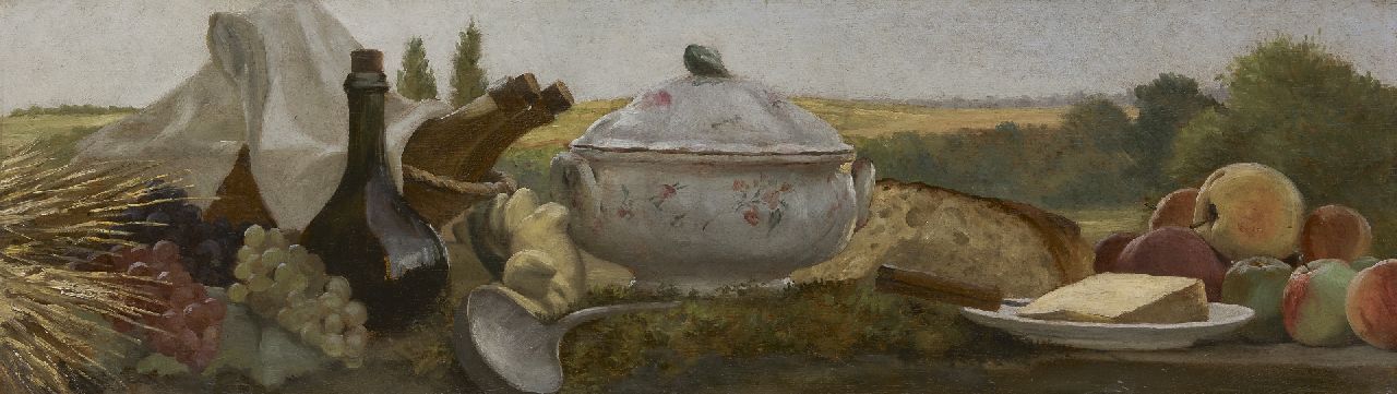 Girardot G.M.J.  | Georges Marie Julien Girardot, Maaltijd buiten, olieverf op paneel 29,7 x 104,3 cm