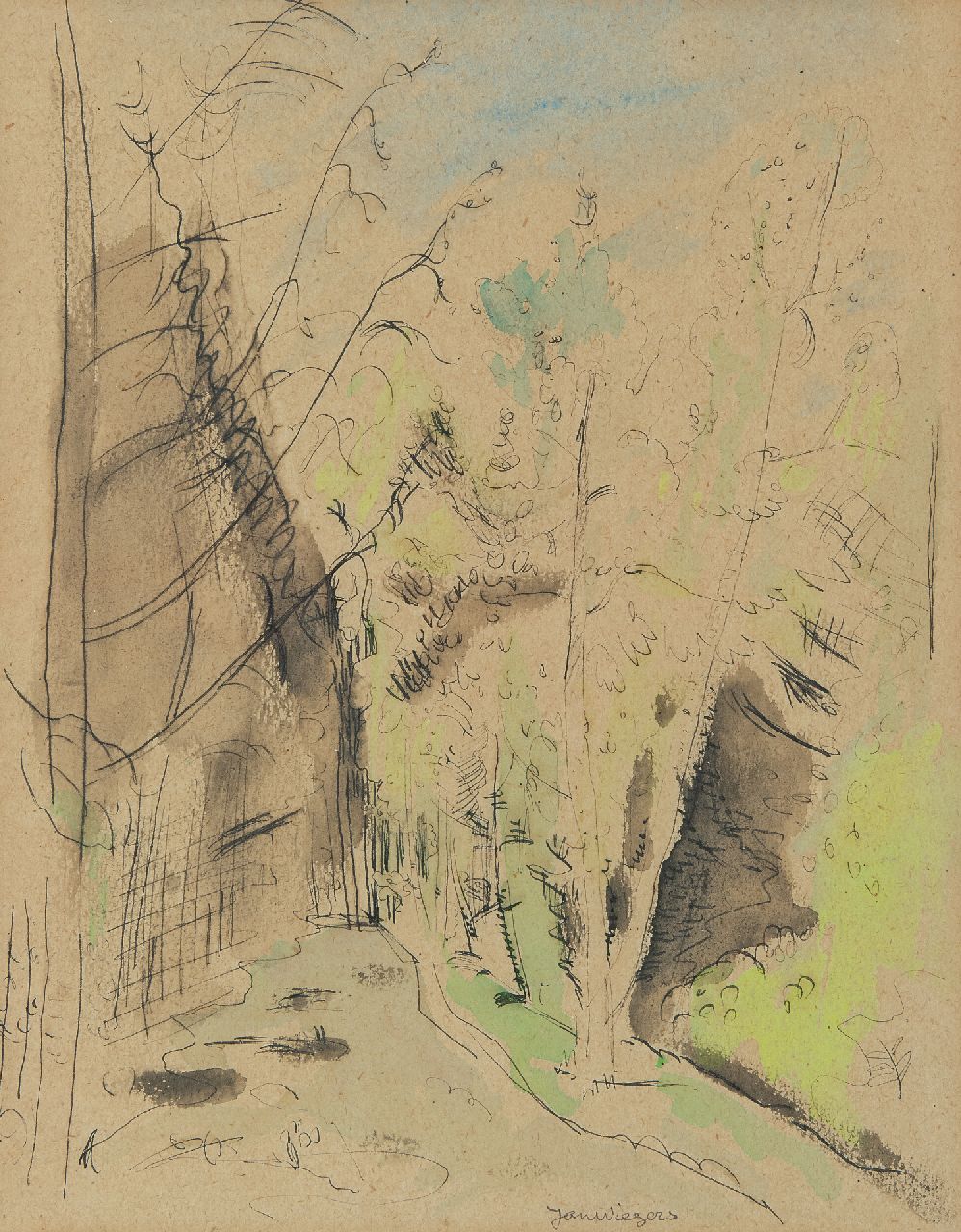 Wiegers J. | Jan Wiegers, Boslaan, pen en inkt en aquarel op papier 32,1 x 25,3 cm, gesigneerd middenonder Wiegers J. | Jan Wiegers, Boslaan, pen en inkt en aquarel op papier 32,1 x 25,3 cm, gesigneerd middenonder