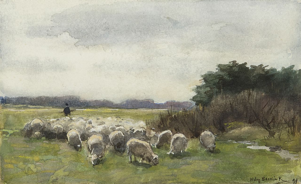 Steelink jr. W. | Willem Steelink jr., Herder met zijn schapen, aquarel op papier 10,1 x 16,5 cm, gesigneerd rechtsonder en gedateerd '99 Steelink jr. W. | Willem Steelink jr., Herder met zijn schapen, aquarel op papier 10,1 x 16,5 cm, gesigneerd rechtsonder en gedateerd '99