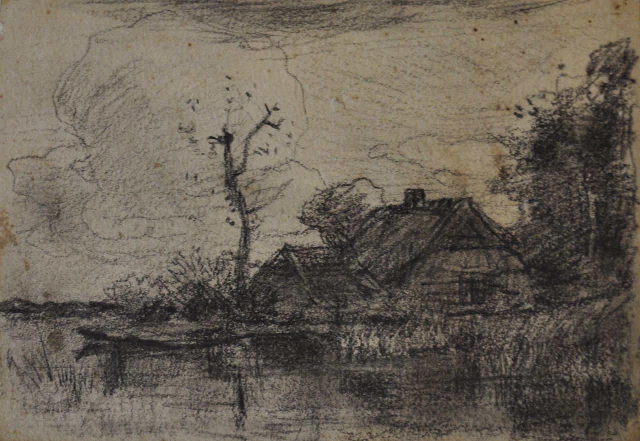 Tholen W.B.  | Willem Bastiaan Tholen | Aquarellen en tekeningen te koop aangeboden | Boerderij in plaslandschap i.o., houtskool op papier 10,1 x 15,1 cm