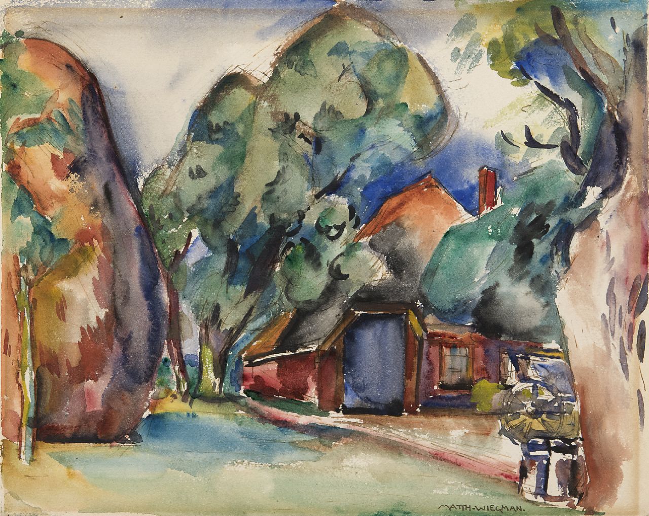 Wiegman M.J.M. | Mattheus Johannes Marie 'Matthieu' Wiegman, Boerderij, aquarel op papier 24,0 x 30,0 cm, gesigneerd rechtsonder Wiegman M.J.M. | Mattheus Johannes Marie 'Matthieu' Wiegman, Boerderij, aquarel op papier 24,0 x 30,0 cm, gesigneerd rechtsonder