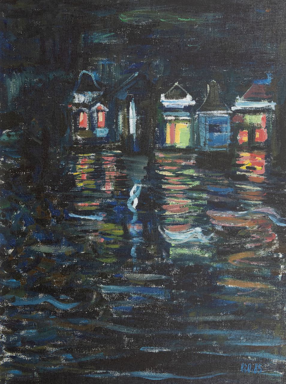 Post Uiterweer H.  | Hans Post Uiterweer | Schilderijen te koop aangeboden | Huizen aan het water, olieverf op doek 80,0 x 60,0 cm, gesigneerd rechtsonder met initialen en gedateerd '85