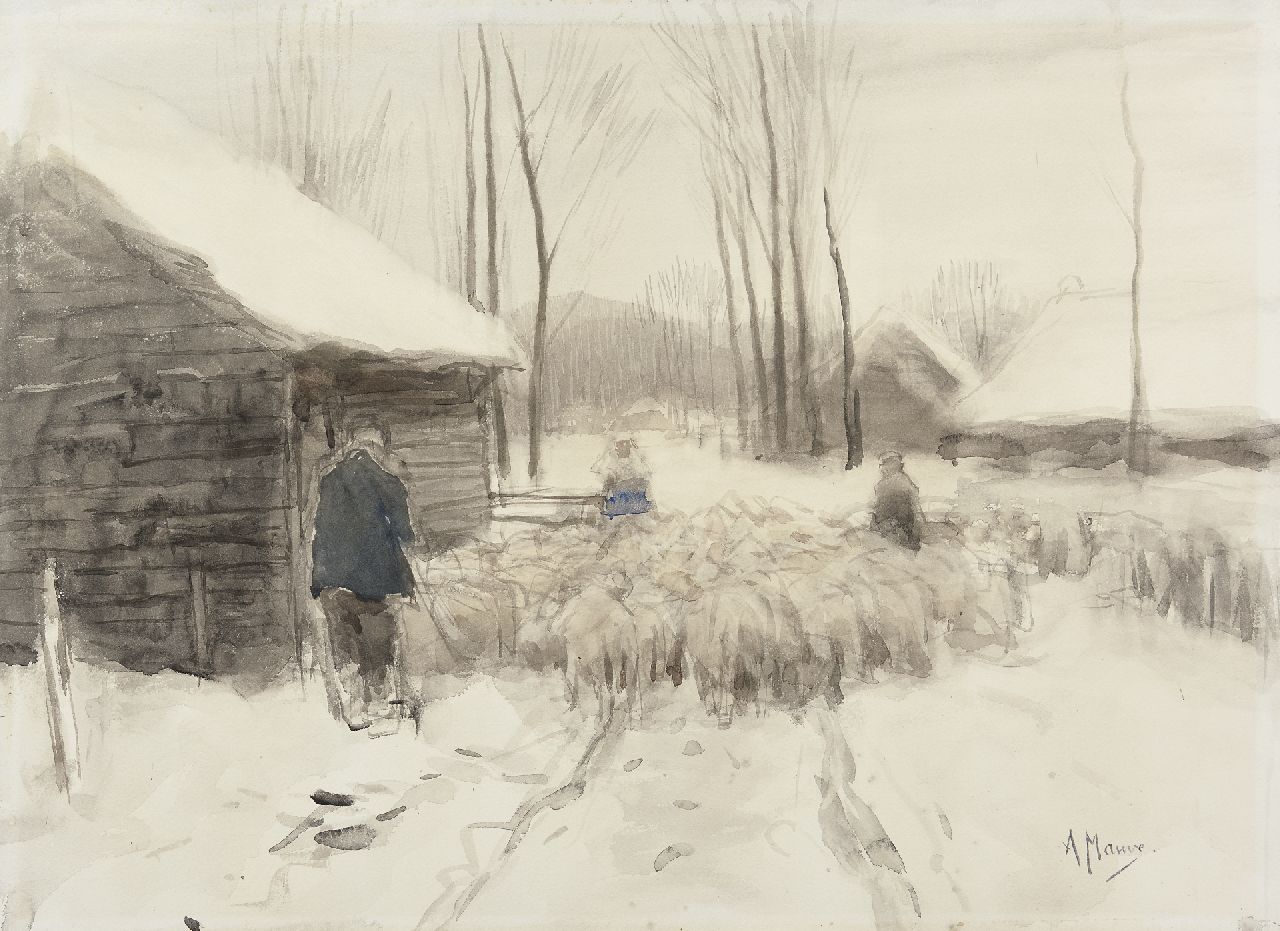 Mauve A. | Anthonij 'Anton' Mauve, Sneeuw in Laren, aquarel op papier 49,6 x 67,7 cm, gesigneerd rechtsonder Mauve A. | Anthonij 'Anton' Mauve, Sneeuw in Laren, aquarel op papier 49,6 x 67,7 cm, gesigneerd rechtsonder