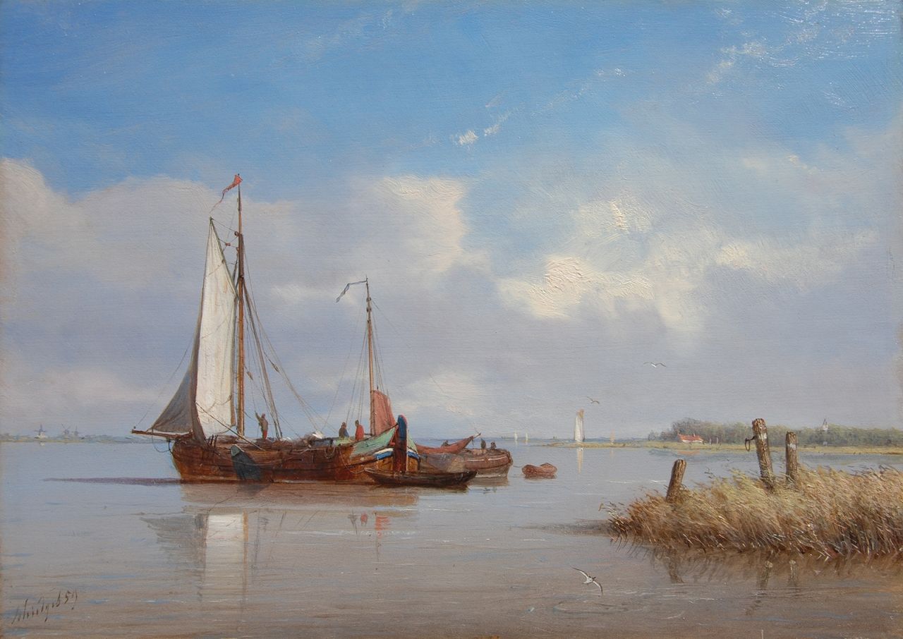 Schiedges P.P. | Petrus Paulus Schiedges, Voor anker bij kalm weer, olieverf op paneel 24,5 x 34,0 cm, gesigneerd linksonder en gedateerd '59 Schiedges P.P. | Petrus Paulus Schiedges, Voor anker bij kalm weer, olieverf op paneel 24,5 x 34,0 cm, gesigneerd linksonder en gedateerd '59
