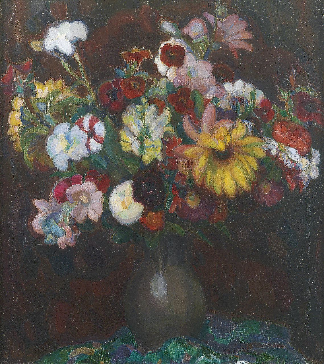 Gestel L. | Leendert 'Leo' Gestel, Bloemen in tinnen kan, olieverf op doek 70,5 x 63,0 cm, gesigneerd linksonder en te dateren 1915-1917 Gestel L. | Leendert 'Leo' Gestel, Bloemen in tinnen kan, olieverf op doek 70,5 x 63,0 cm, gesigneerd linksonder en te dateren 1915-1917