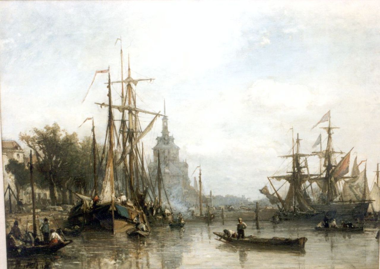 Jongkind J.B. | Johan Barthold Jongkind, De haven van Rotterdam bij de oude Delftse hoofdpoort, olieverf op doek 42,3 x 56,5 cm, gesigneerd linksonder en gedateerd '56 Jongkind J.B. | Johan Barthold Jongkind, De haven van Rotterdam bij de oude Delftse hoofdpoort, olieverf op doek 42,3 x 56,5 cm, gesigneerd linksonder en gedateerd '56