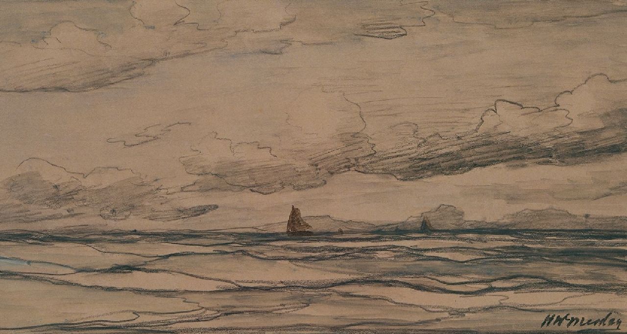 Mesdag H.W. | Hendrik Willem Mesdag, Zee met bomschuiten in de verte, zwart krijt op papier 18,0 x 34,2 cm, gesigneerd rechtsonder Mesdag H.W. | Hendrik Willem Mesdag, Zee met bomschuiten in de verte, zwart krijt op papier 18,0 x 34,2 cm, gesigneerd rechtsonder