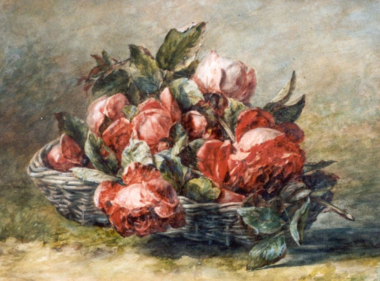Haanen A.J. | 'Adriana' Johanna Haanen, Mandje met rode rozen, aquarel op papier 29,0 x 38,0 cm, gesigneerd rechtsonder en gedateerd 1893 Haanen A.J. | 'Adriana' Johanna Haanen, Mandje met rode rozen, aquarel op papier 29,0 x 38,0 cm, gesigneerd rechtsonder en gedateerd 1893