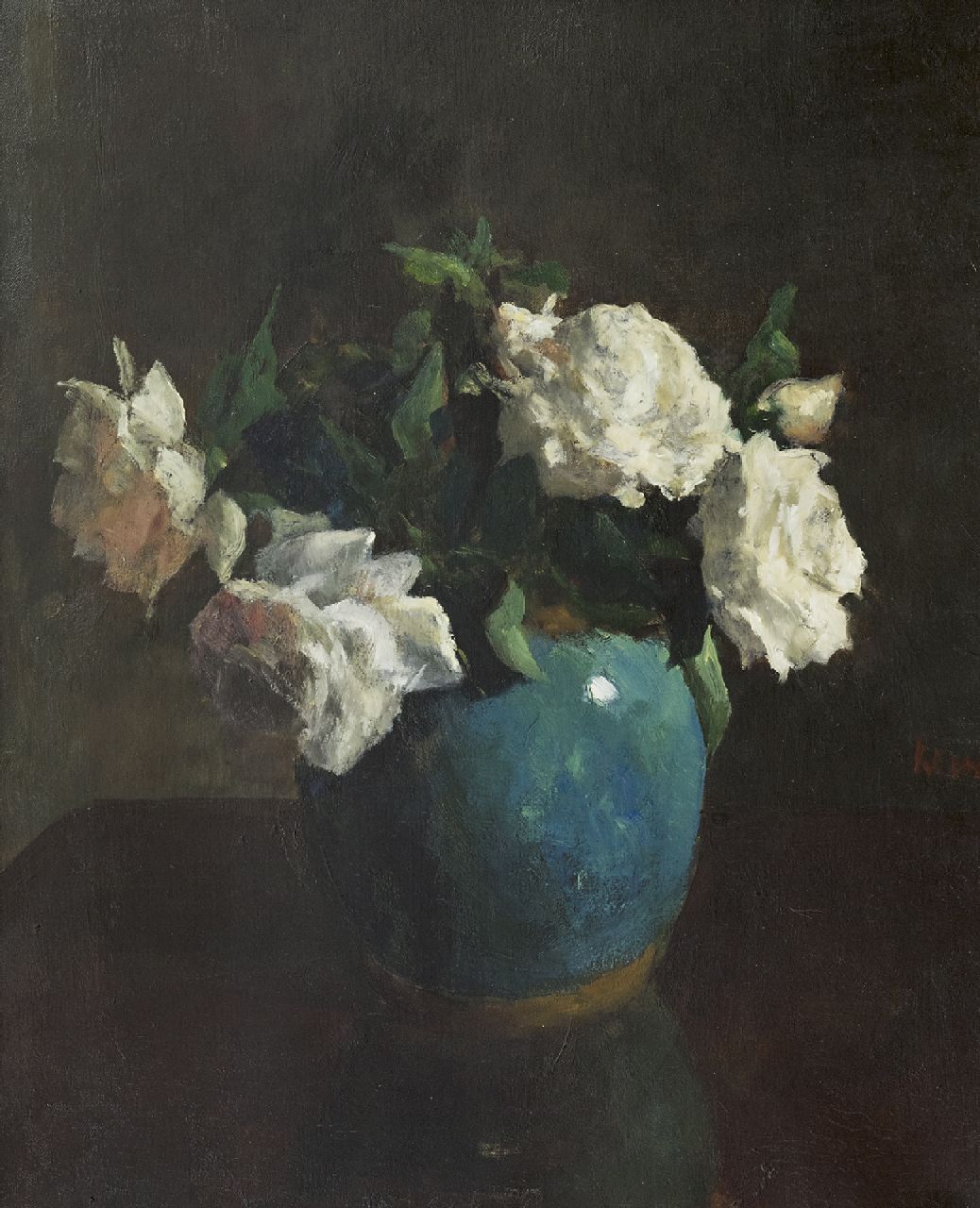 Kever J.S.H. | Jacob Simon Hendrik 'Hein' Kever, Witte rozen in azuurblauwe vaas, olieverf op doek 53,5 x 43,7 cm, gesigneerd rechts van het midden Kever J.S.H. | Jacob Simon Hendrik 'Hein' Kever, Witte rozen in azuurblauwe vaas, olieverf op doek 53,5 x 43,7 cm, gesigneerd rechts van het midden