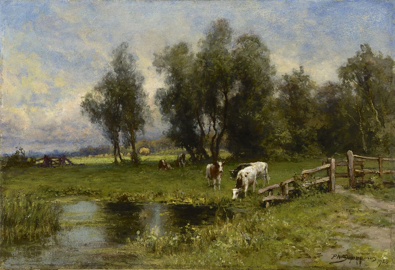 Schipperus P.A. | Pieter Adrianus 'Piet' Schipperus, Polderlandschap met vee, olieverf op paneel 46,4 x 67,7 cm, gesigneerd rechtsonder en gedateerd 1920 Schipperus P.A. | Pieter Adrianus 'Piet' Schipperus, Polderlandschap met vee, olieverf op paneel 46,4 x 67,7 cm, gesigneerd rechtsonder en gedateerd 1920
