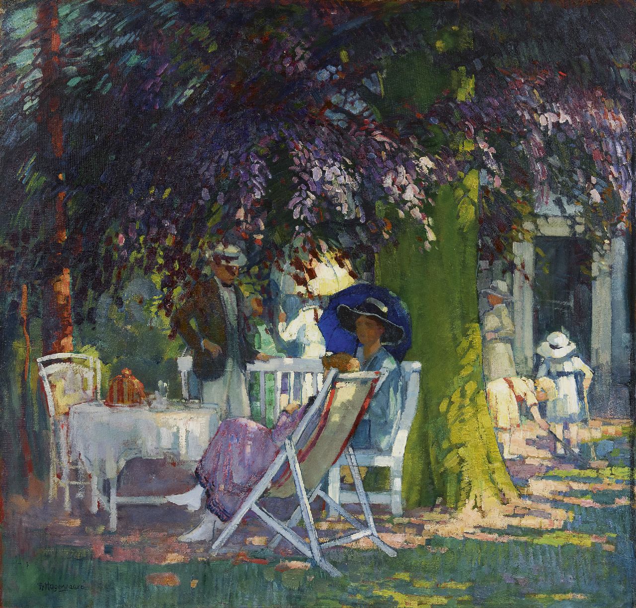 Hogerwaard F. | François 'Frans' Hogerwaard, Theepartij onder bruine beuk, olieverf op doek 84,4 x 88,2 cm, gesigneerd linksonder en te dateren ca. 1915 Hogerwaard F. | François 'Frans' Hogerwaard, Theepartij onder bruine beuk, olieverf op doek 84,4 x 88,2 cm, gesigneerd linksonder en te dateren ca. 1915
