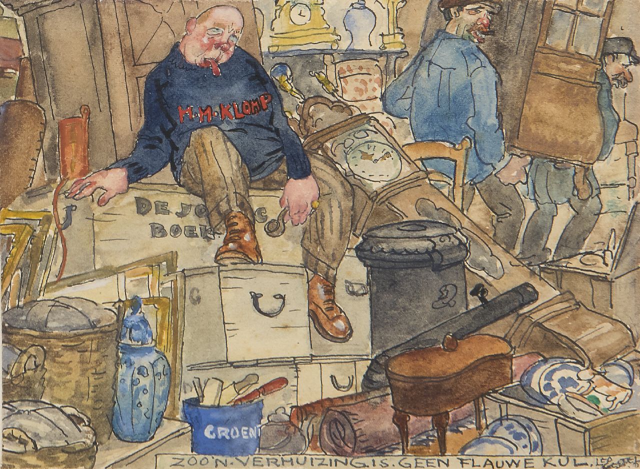 Gestel L.  | Leendert 'Leo' Gestel, Piet Boendermaker verhuist naar Huize De Klomp in Bergen: 'Zoo'n verhuizing is geen flauwekul', inkt en aquarel op papier 9,0 x 11,8 cm, gesigneerd rechtsonder en te dateren ca. 1918