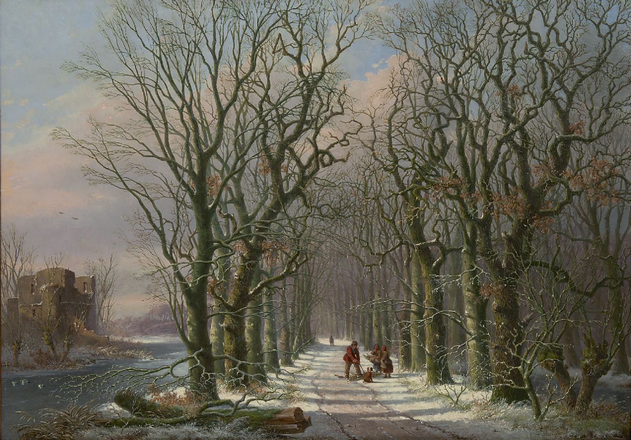 Meijier A.A. de | Anthony Andreas de Meijier, Besneeuwd bospad met figuren, olieverf op paneel 51,7 x 73,4 cm, gesigneerd rechtsonder
