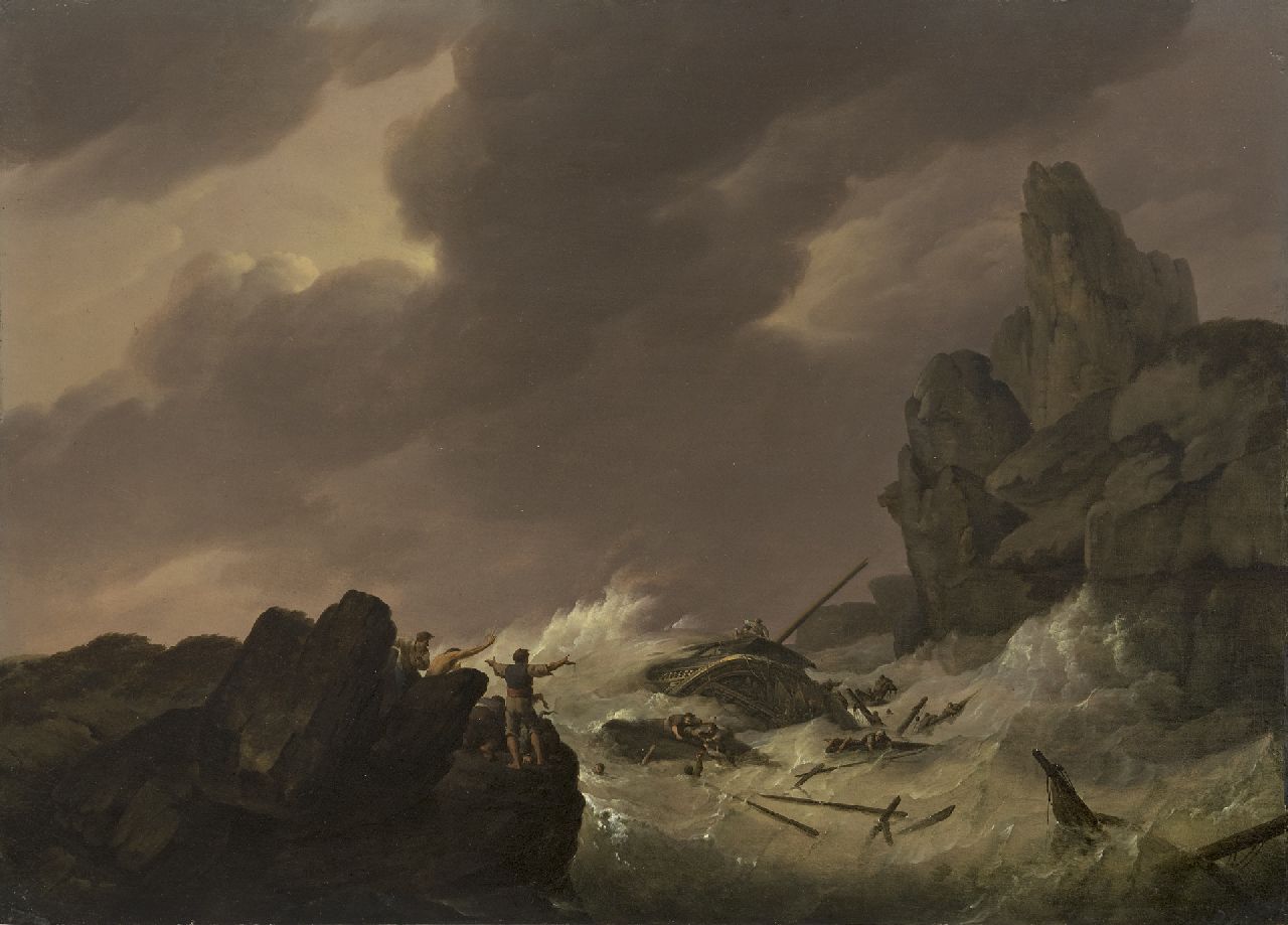 Koekkoek J.H.  | Johannes Hermanus Koekkoek, Schipbreuk voor de kust, olieverf op paneel 34,1 x 47,7 cm, gesigneerd middenonder en te dateren ca. 1810