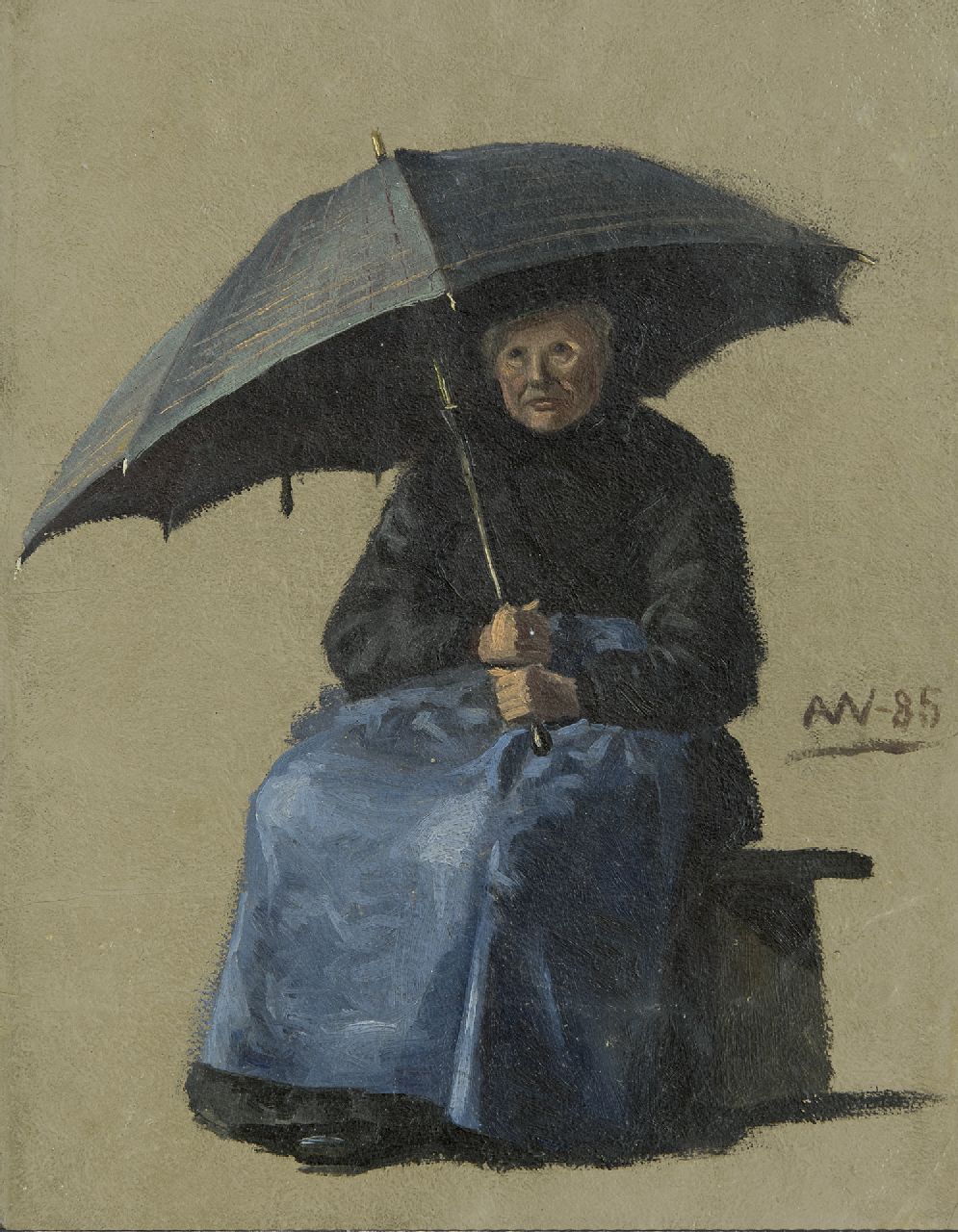 Wengberg A.E. | 'Anna' Emilia Wengberg, Een vrouw zittend onder een paraplu, olieverf op papier op board 33,5 x 26,0 cm, gesigneerd rechts van het midden met monogram en gedateerd '85 Wengberg A.E. | 'Anna' Emilia Wengberg, Een vrouw zittend onder een paraplu, olieverf op papier op board 33,5 x 26,0 cm, gesigneerd rechts van het midden met monogram en gedateerd '85