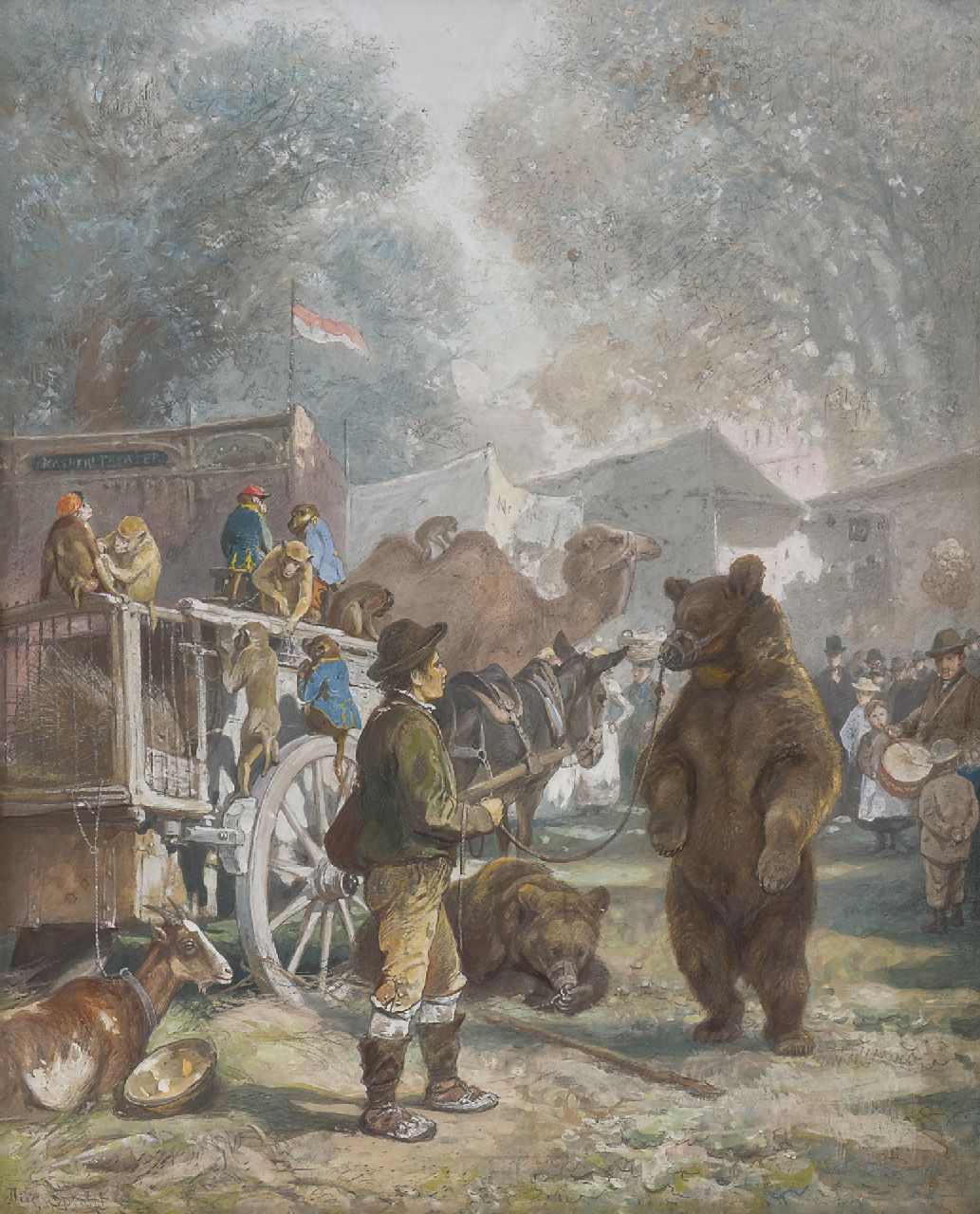 Specht A.  | August Specht | Aquarellen en tekeningen te koop aangeboden | Circus bij het slot, Stuttgart, krijt en gouache op papier 32,6 x 26,7 cm, gesigneerd linksonder