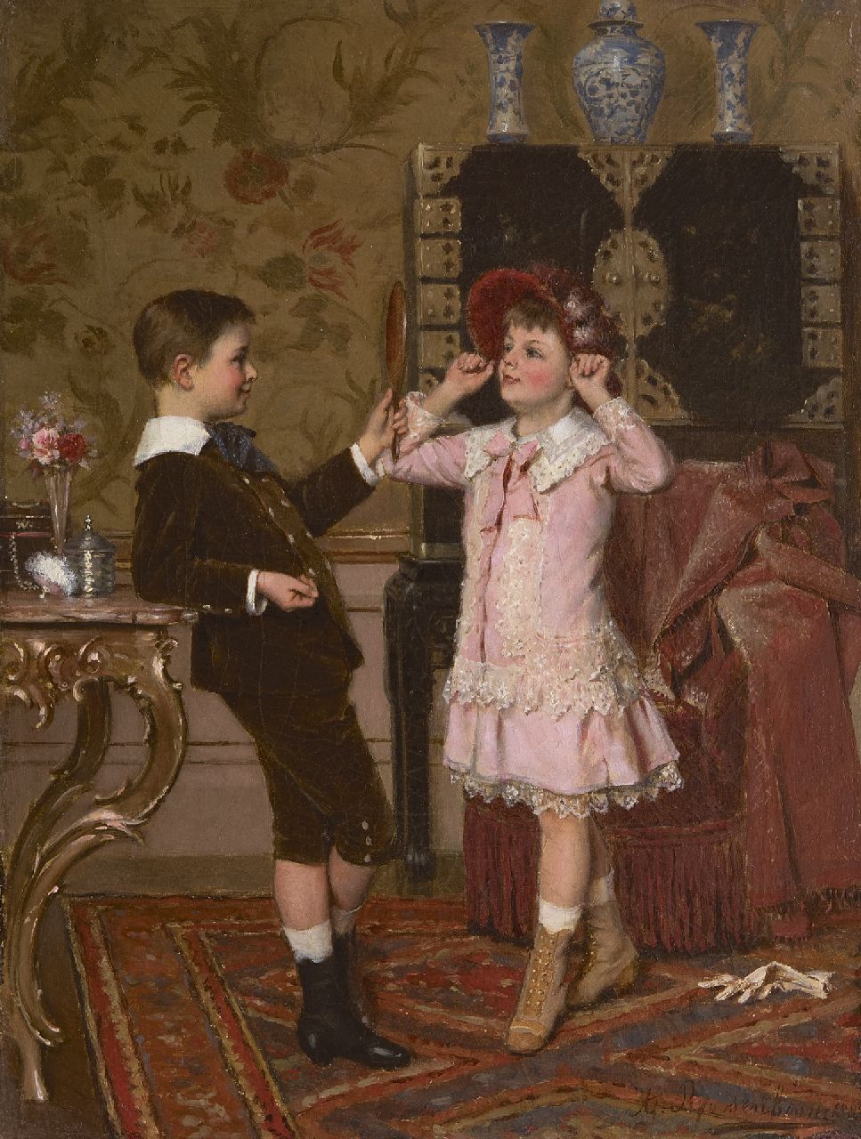 Roosenboom A.  | Albert Roosenboom, Het rode hoedje, olieverf op doek 34,4 x 26,3 cm, gesigneerd rechtsonder en gedateerd 1883