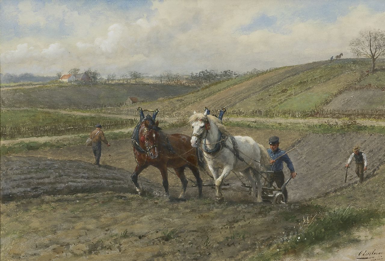 Eerelman O.  | Otto Eerelman, Tweespan voor de ploeg, bij Arnhem (Park Sonsbeek nabij Schelmseweg), aquarel op papier 47,6 x 69,6 cm, gesigneerd rechtsonder en te dateren ca. 1902-1907