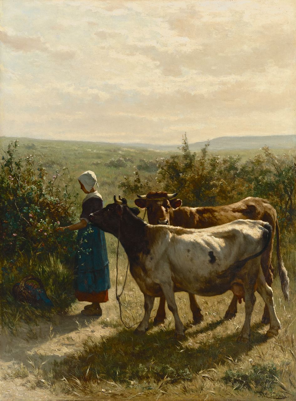 Haas J.H.L. de | Johannes Hubertus Leonardus de Haas, Jonge herderin met haar koeien, olieverf op doek 88,3 x 66,6 cm, gesigneerd rechtsonder