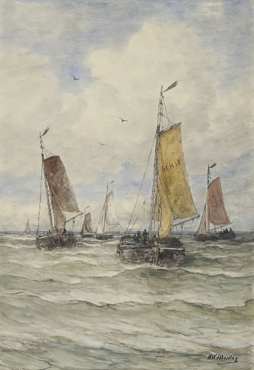 Mesdag H.W. | Hendrik Willem Mesdag, Het uitvaren van de vissersvloot, Scheveningen, aquarel op papier 76,6 x 52,2 cm, gesigneerd rechtsonder Mesdag H.W. | Hendrik Willem Mesdag, Het uitvaren van de vissersvloot, Scheveningen, aquarel op papier 76,6 x 52,2 cm, gesigneerd rechtsonder