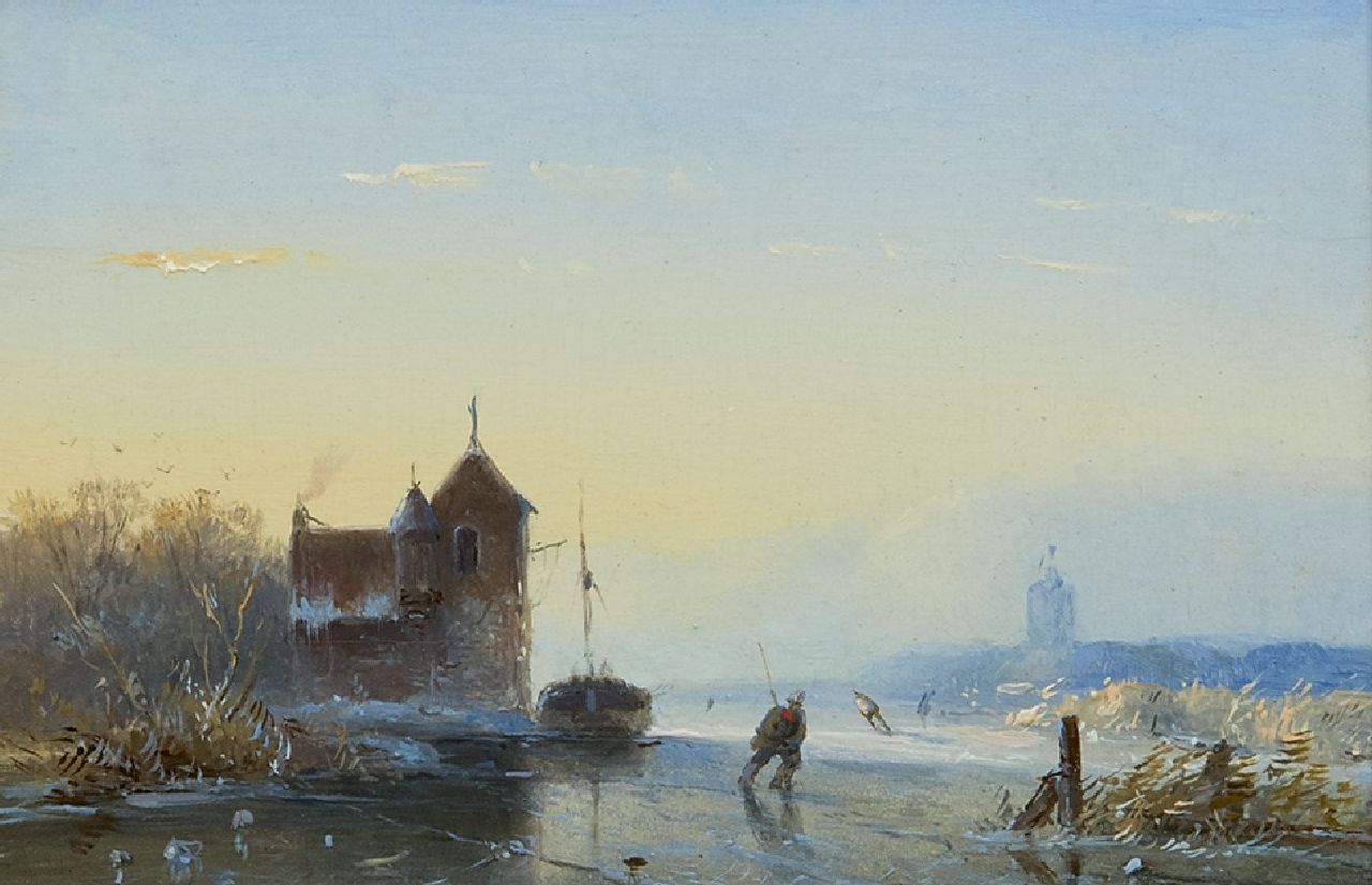 Hans J.G. | Josephus Gerardus Hans, Winterlandschap met schaatsers, olieverf op paneel 10,4 x 14,7 cm, gesigneerd linksonder met initialen Hans J.G. | Josephus Gerardus Hans, Winterlandschap met schaatsers, olieverf op paneel 10,4 x 14,7 cm, gesigneerd linksonder met initialen
