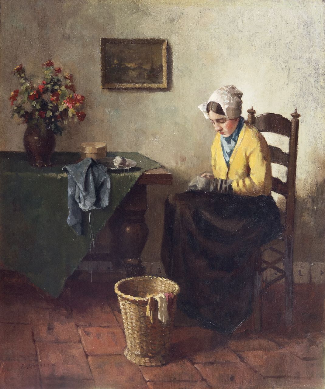 Ligtelijn E.J. | Evert Jan Ligtelijn, Rustig naaiuurtje, olieverf op paneel 35,0 x 29,3 cm, gesigneerd linksonder Ligtelijn E.J. | Evert Jan Ligtelijn, Rustig naaiuurtje, olieverf op paneel 35,0 x 29,3 cm, gesigneerd linksonder