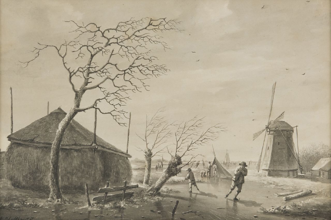 Schelfhout A. | Andreas Schelfhout, Schaatspret op een boerenvaart, pen, penseel en inkt op papier 26,1 x 38,0 cm, gesigneerd linksonder en te dateren ca. 1805-1810 Schelfhout A. | Andreas Schelfhout, Schaatspret op een boerenvaart, pen, penseel en inkt op papier 26,1 x 38,0 cm, gesigneerd linksonder en te dateren ca. 1805-1810