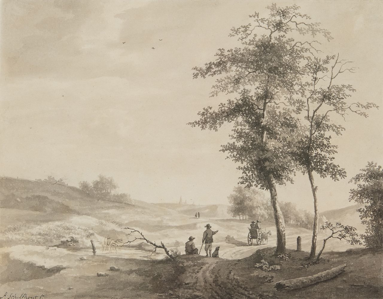 Schelfhout A.  | Andreas Schelfhout | Aquarellen en tekeningen te koop aangeboden | Reizigers in een heuvellandschap, pen, penseel en inkt op papier 26,6 x 33,7 cm, gesigneerd linksonder