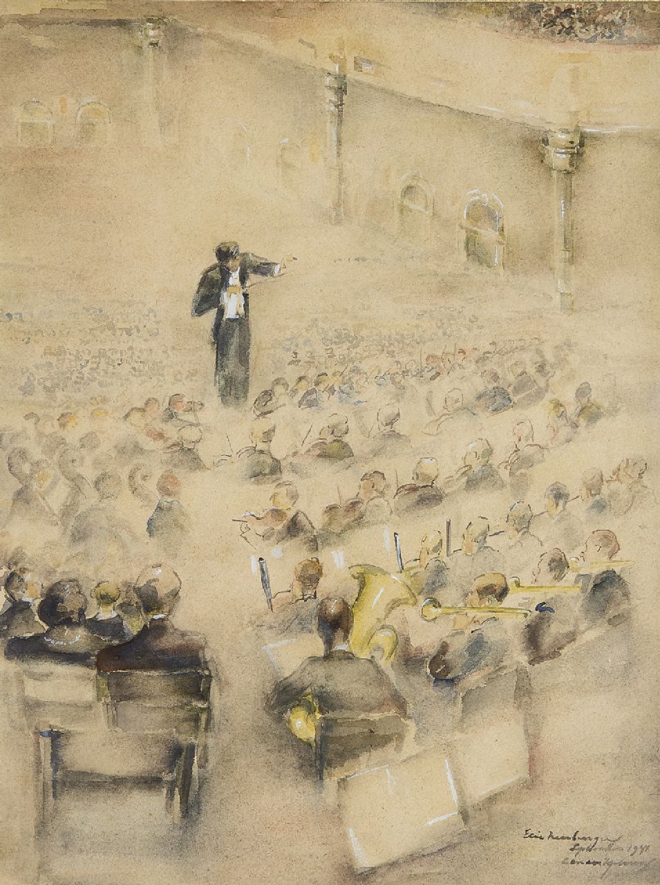 Neuburger E.  | Eliazer 'Elie' Neuburger, In het Concertgebouw, Amsterdam, aquarel op papier 40,0 x 30,0 cm, gesigneerd rechtsonder en gedateerd september 1941