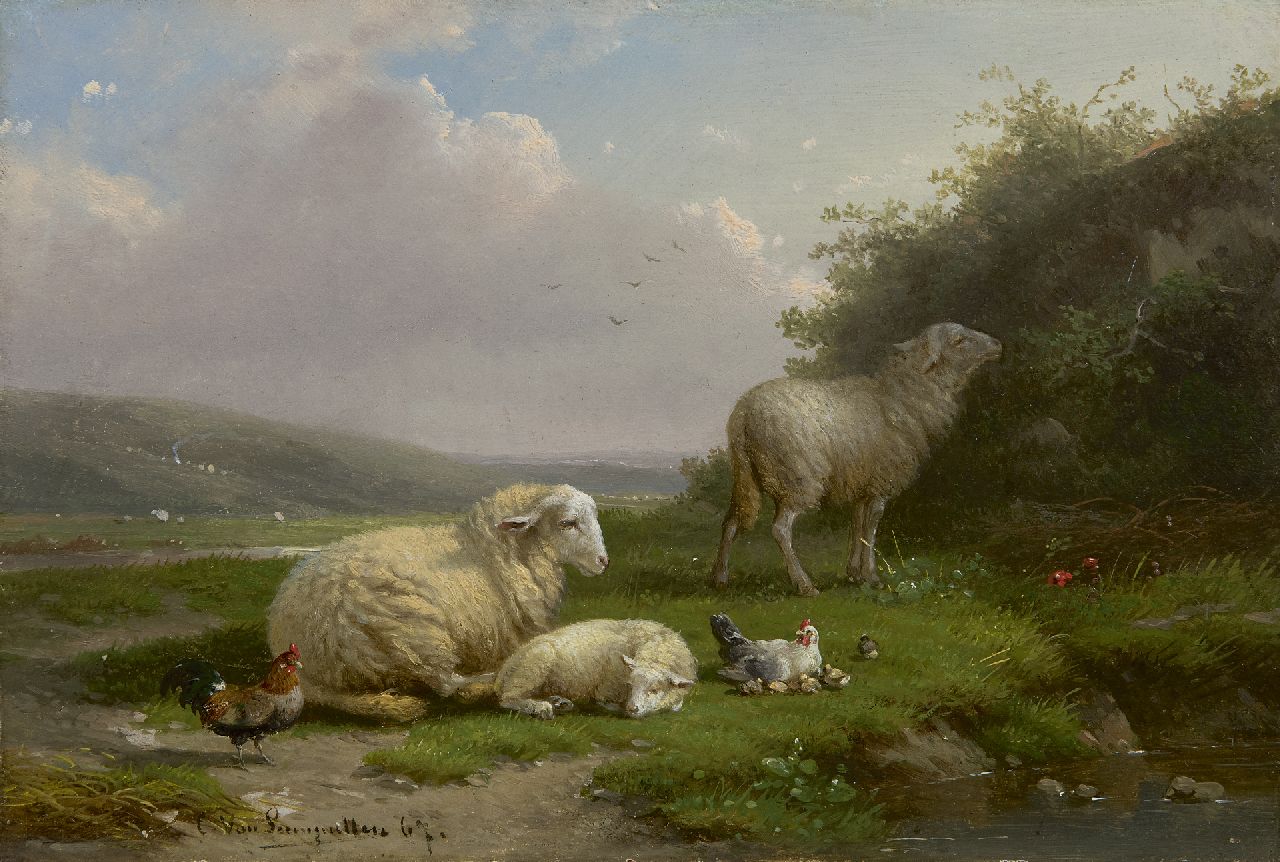 Leemputten C. van | Cornelis van Leemputten, Schapen en kippen aan een waterplas, olieverf op paneel 16,6 x 24,1 cm, gesigneerd linksonder en gedateerd '67 Leemputten C. van | Cornelis van Leemputten, Schapen en kippen aan een waterplas, olieverf op paneel 16,6 x 24,1 cm, gesigneerd linksonder en gedateerd '67