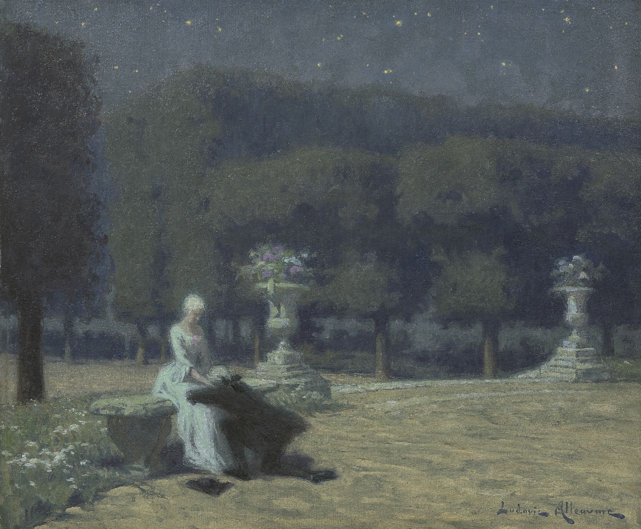 Alleaume L. | Ludovic Alleaume | Schilderijen te koop aangeboden | Nachtelijk paradijs - De liefdesverklaring, olieverf op doek 46,0 x 55,1 cm, gesigneerd rechtsonder en op resten van etiket op spieraam Alleaume L. | Ludovic Alleaume | Schilderijen te koop aangeboden | Nachtelijk paradijs - De liefdesverklaring, olieverf op doek 46,0 x 55,1 cm, gesigneerd rechtsonder en op resten van etiket op spieraam
