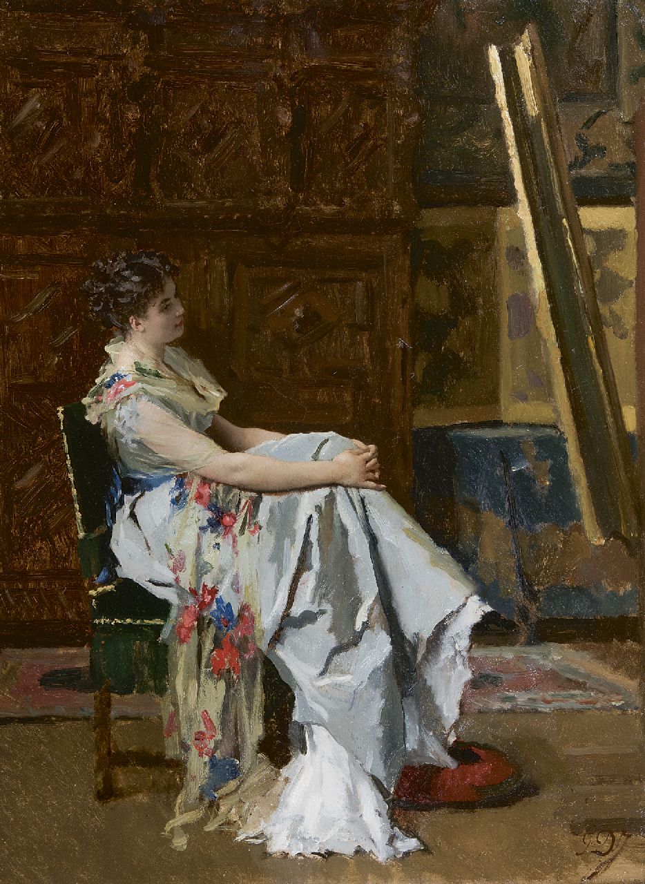 Jonghe G.L. De | 'Gustave' Léonard De Jonghe, In bewondering voor het schilderij, olieverf op paneel 49,9 x 36,9 cm, gesigneerd rechtsonder met initialen Jonghe G.L. De | 'Gustave' Léonard De Jonghe, In bewondering voor het schilderij, olieverf op paneel 49,9 x 36,9 cm, gesigneerd rechtsonder met initialen