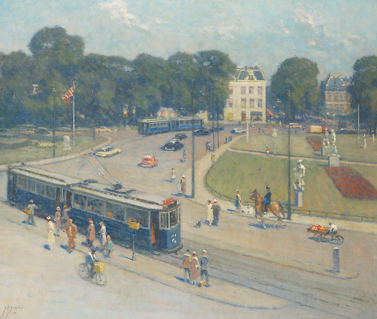 Schotel A.P.  | Anthonie Pieter Schotel | Schilderijen te koop aangeboden | Beeldententoonstelling op het Frederiksplein in Amsterdam, 1951, olieverf op doek 59,8 x 70,2 cm, gesigneerd linksonder en te dateren 1951