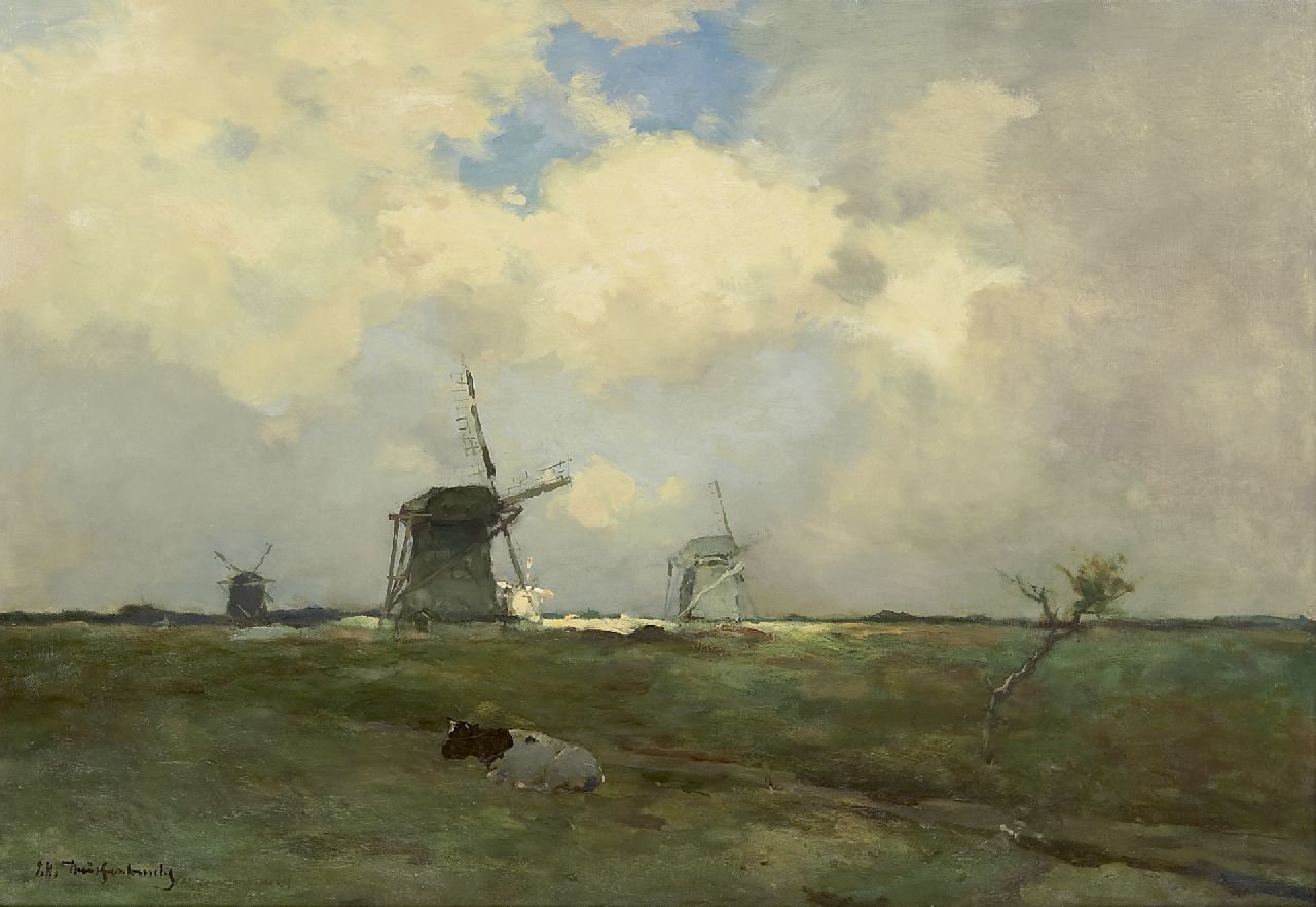 Weissenbruch H.J. | Hendrik Johannes 'J.H.' Weissenbruch, Molens in een polderlandschap, olieverf op doek 57,2 x 83,3 cm, gesigneerd linksonder Weissenbruch H.J. | Hendrik Johannes 'J.H.' Weissenbruch, Molens in een polderlandschap, olieverf op doek 57,2 x 83,3 cm, gesigneerd linksonder